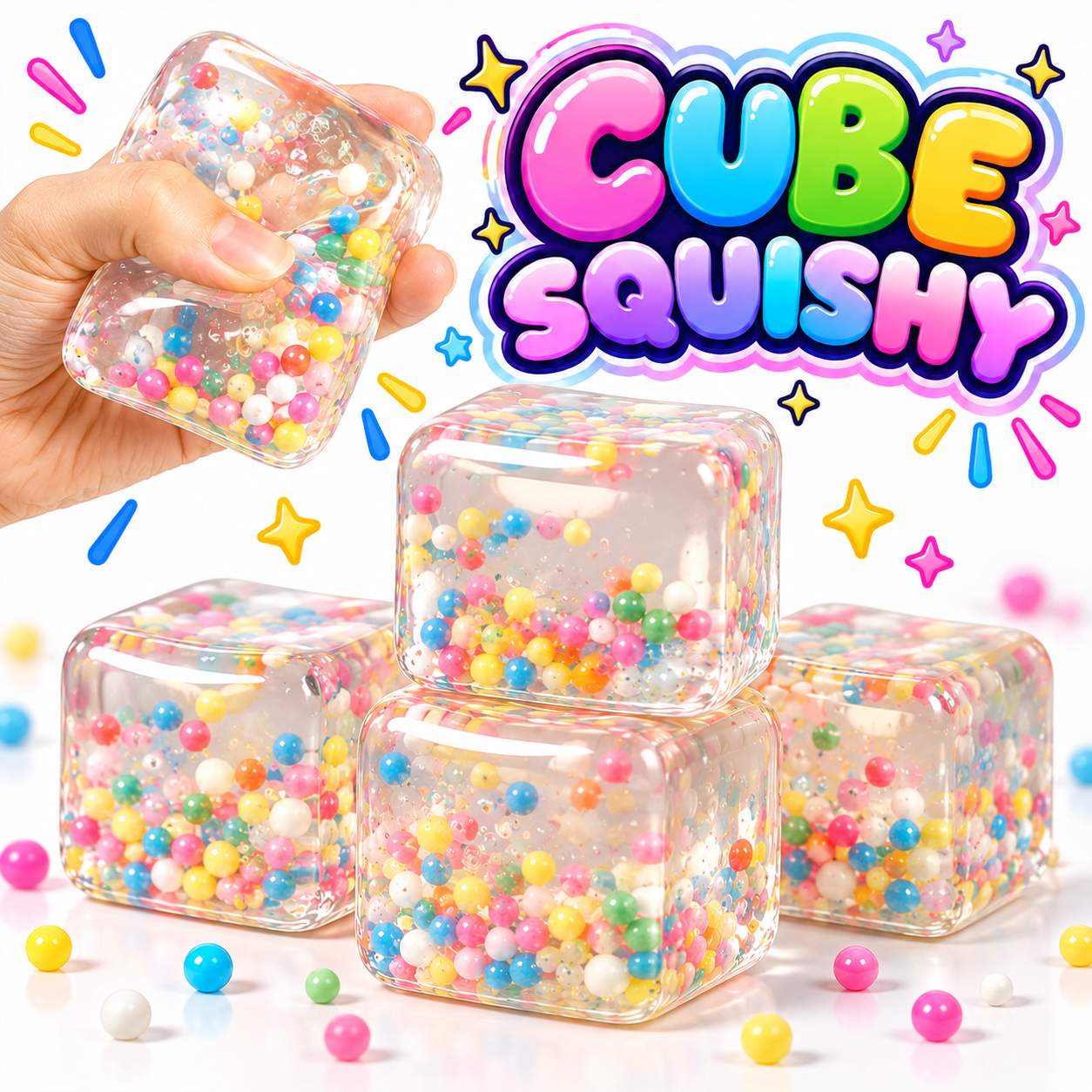 Cube Squishy mit bunten Kügelchen